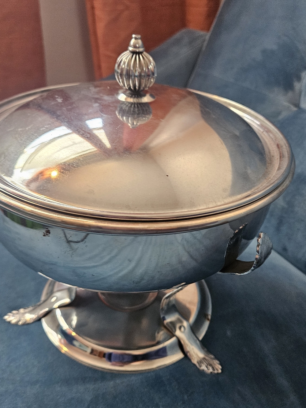 Vintage Silver Plated Covered Serving Dish with Pedestal and Tongs
